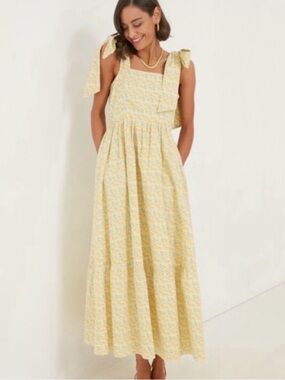 Sleeveless Yellow Floral Tie-Shoulder Midi Dress